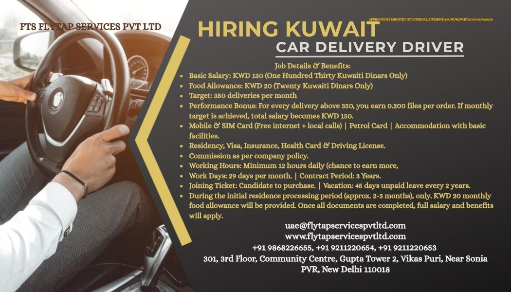 FTS Flytap Services Pvt Ltd hiring car delivery drivers for Kuwait with salary up to 150 KWD, performance bonus, free SIM, petrol, accommodation, and visa provided.