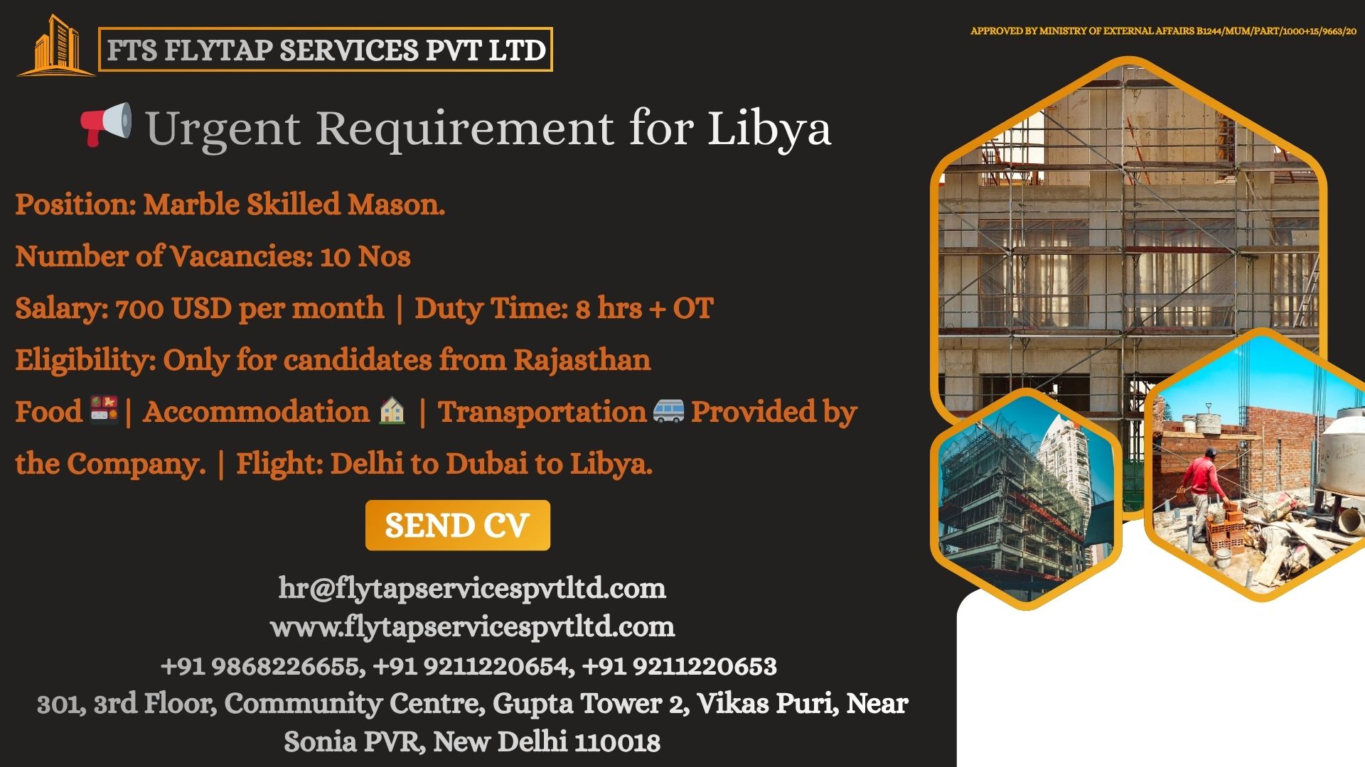 TS Flytap Services Pvt Ltd urgently hiring 10 Marble Skilled Masons for Libya with 700 USD salary, free food, accommodation, and transport provided.