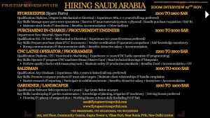 Read more about the article 🚨 Hiring for Saudi Arabia | Zoom Interview on 22nd Nov | Multiple Positions – Storekeeper, Procurement Engineer, CNC Operator, Salesman & Gardener